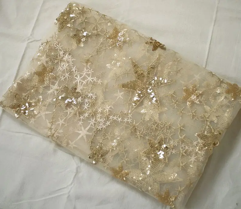 Кружевная ткань с блестками и пятиконечной звездой вышивкой сетчатая из пряжи