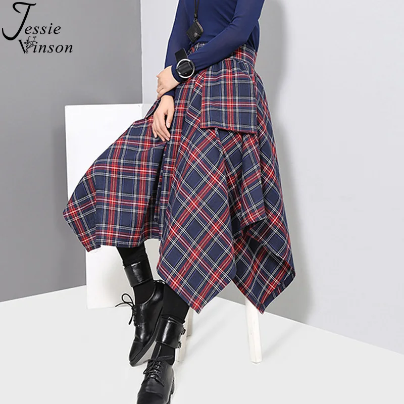 Джесси Винсон Высокая талия плед поясом Асимметричная юбка для женщин корейский