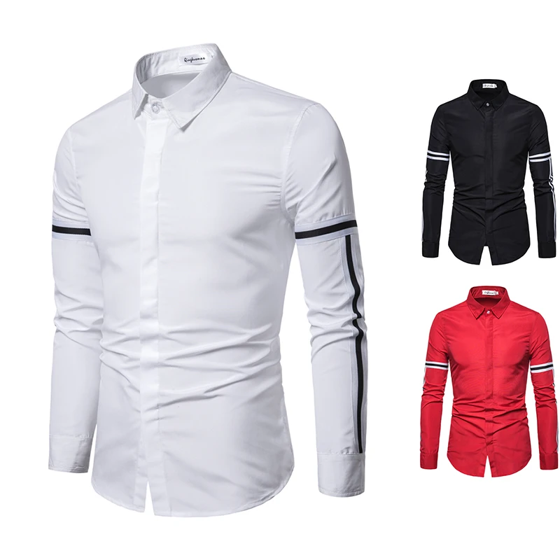 Брендовая мужская рубашка 2019 модные корейские полосатые нашивки с длинными