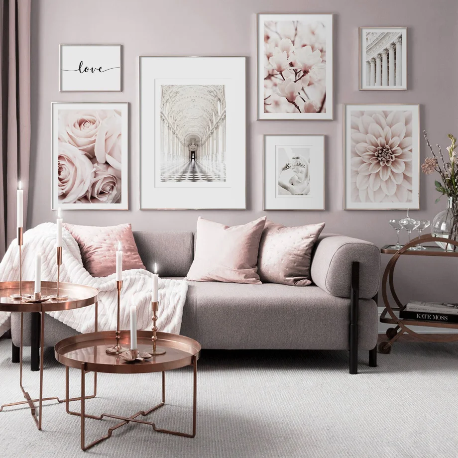 

Palace Hallway Pink Magnolias Dahlia Roses Statue Wall Art Print Canvas Painting Nordic Posters Decor Pictures For Living Room