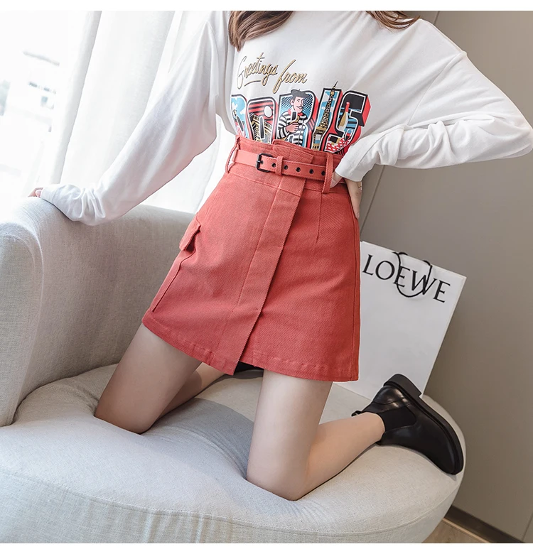 Trytree Autumn Women Casual Empire Short Skirt 5 Colour A-line Fashion Elegant Pockets Button Belt Mini Office Lady Short Skirt