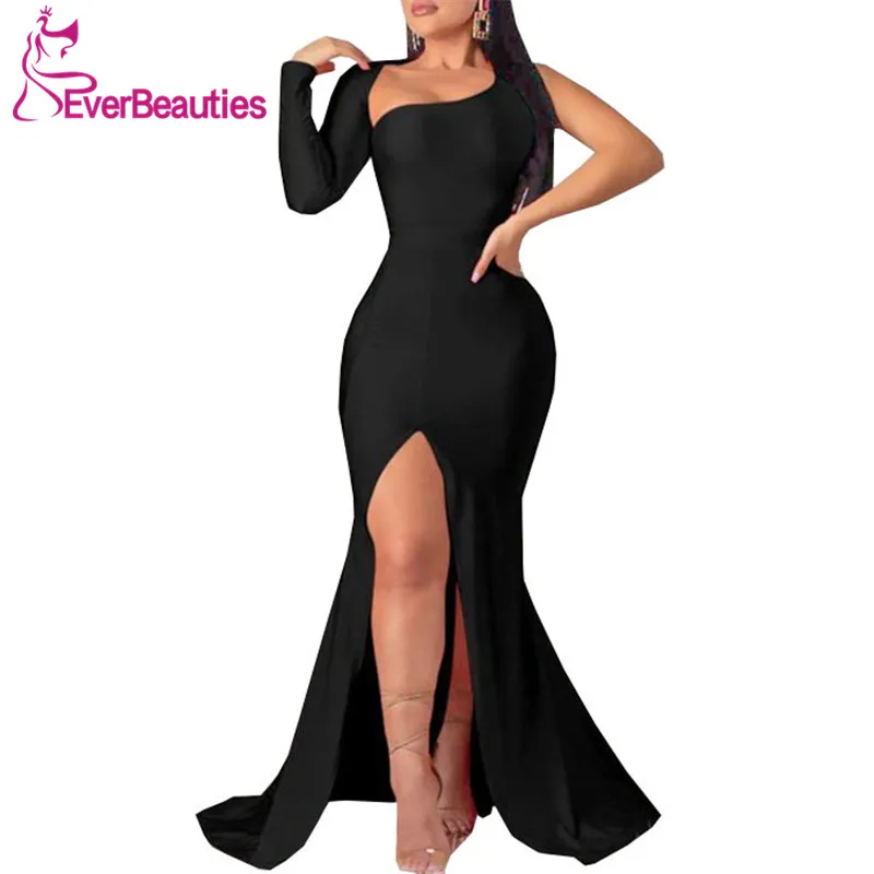 

Вечерние платья с одним открытым плечом и длинным рукавом, с разрезом сбоку, платье 2021, вечернее платье с юбкой-годе, Vestido De Fiesta De Boda, платья для выпускного вечера