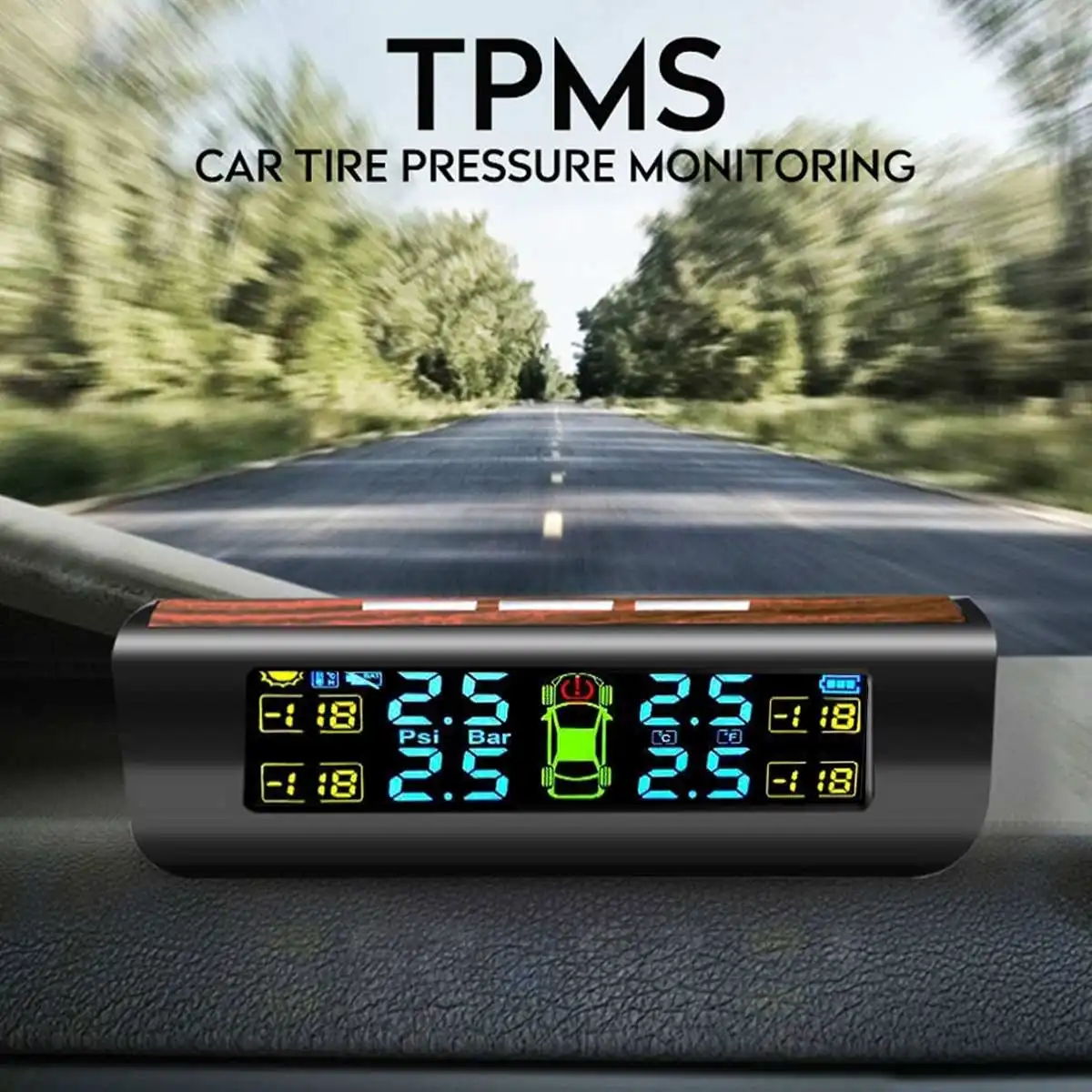 

Wood Grain TPMS Car Solar Wireless Tire Pressure Monitoring System Automobiles Auto-Sensing Temperature Monitoring LCD Display