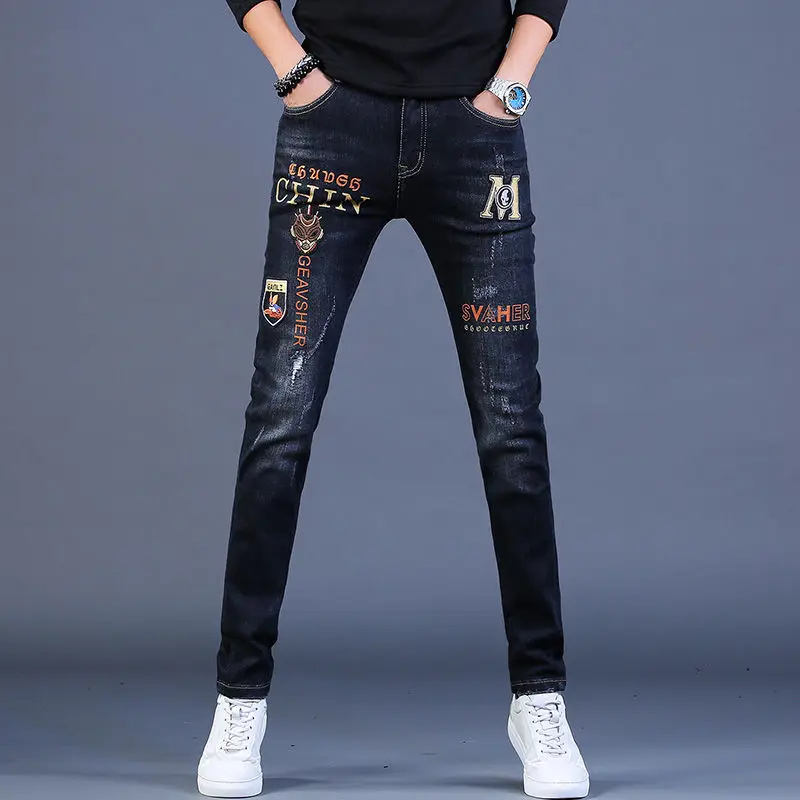 

Men’s High Quality Black Blue Jeans,Slim-fit Stretch Denim Pants,Street Fashion Embroidery Prints Jeans,Youth Sexy Must;