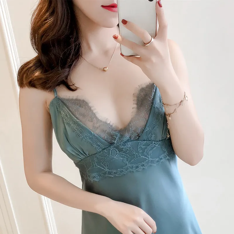 

Женская Сексуальная мини-ночная рубашка с v-образным вырезом и открытой спиной, Милая Ночная рубашка с кружевным бантом на тонких бретелька...