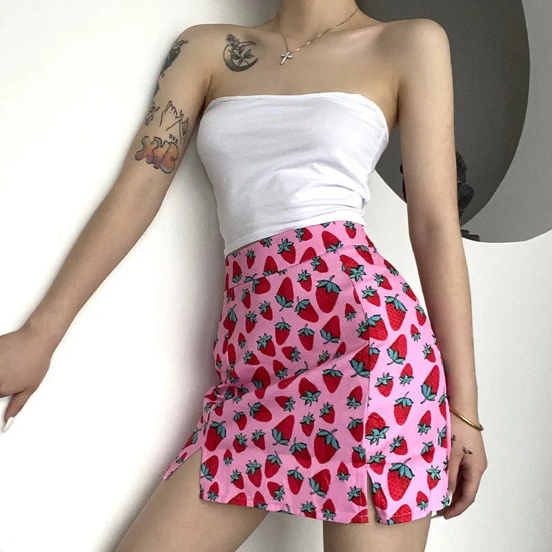

2021 New Women Slim Strawberry Printing High Waist Bag Hips Girls Split Skirt Harajuku Sexy High Waist Bodycon Short Mini Skirts