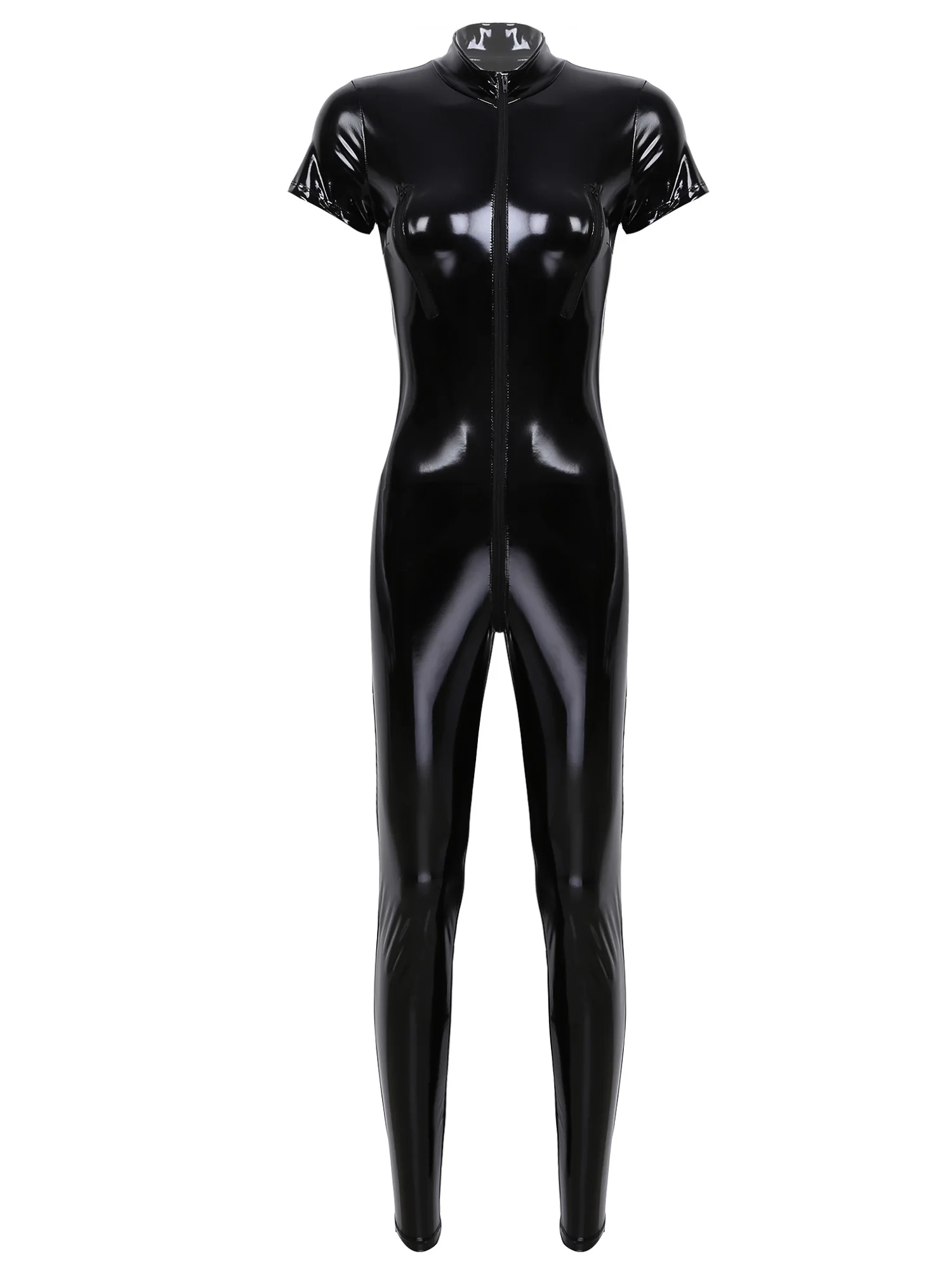 

Women One Piece Glossy Wetlook Patent Leather Stand Collar Cap Sleeves Zippered Bust Crotch Leotard Bodysuit Catsuit Clubwear