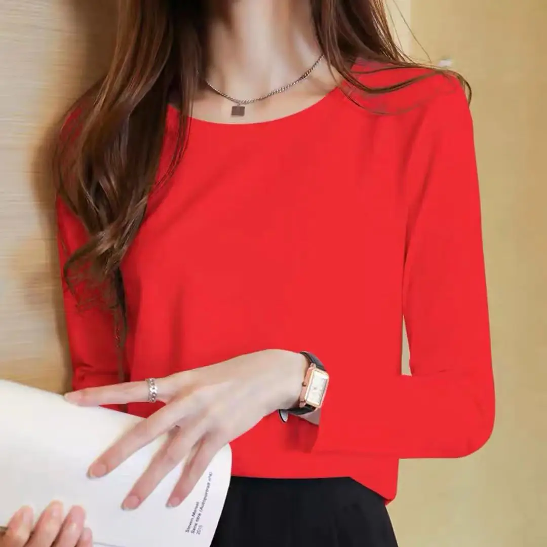 

Spring and Autumn Women's Tops Pure Cotton Pure Color T-shirt Long Sleeve Round Neck Shirt 2021 gray