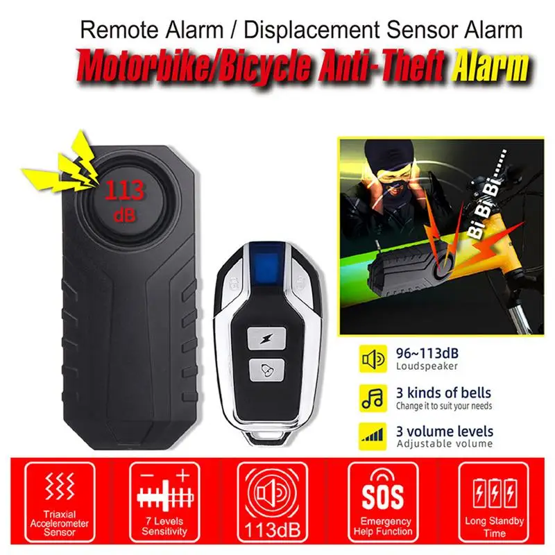 

Сигнализация велосипедная Беспроводная с защитой от кражи и ПДУ, 113dB