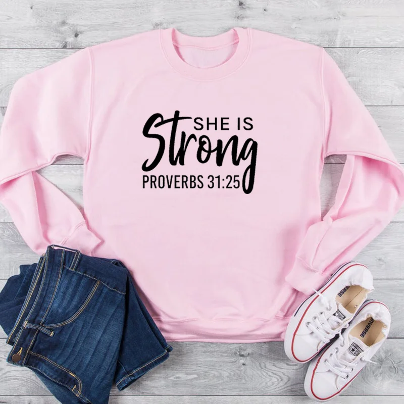 She is Strong Толстовка Повседневная забавная с длинным рукавом Crewneck Christan религиозная модная одежда хлопковый пуловер наряды с Иисусом