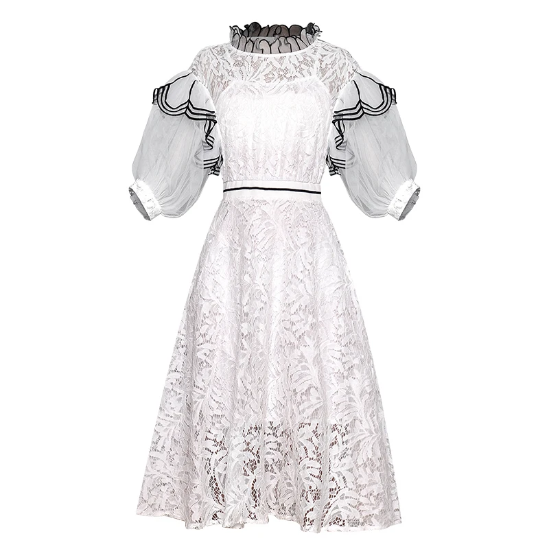 Elegant Runway Designer White Black New Spring Summer Dress Women Fashion Lace Mesh High Street Clothes Patchwork Dresses Female | Женская