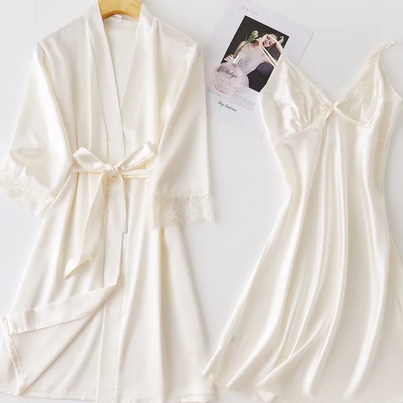 

Bride Bridesmaid Wedding Robe Women Satin 2PCS Sleepwear Sexy Bathrobe Faux Silk Kimono Gown Summer New Intimate Lingerie
