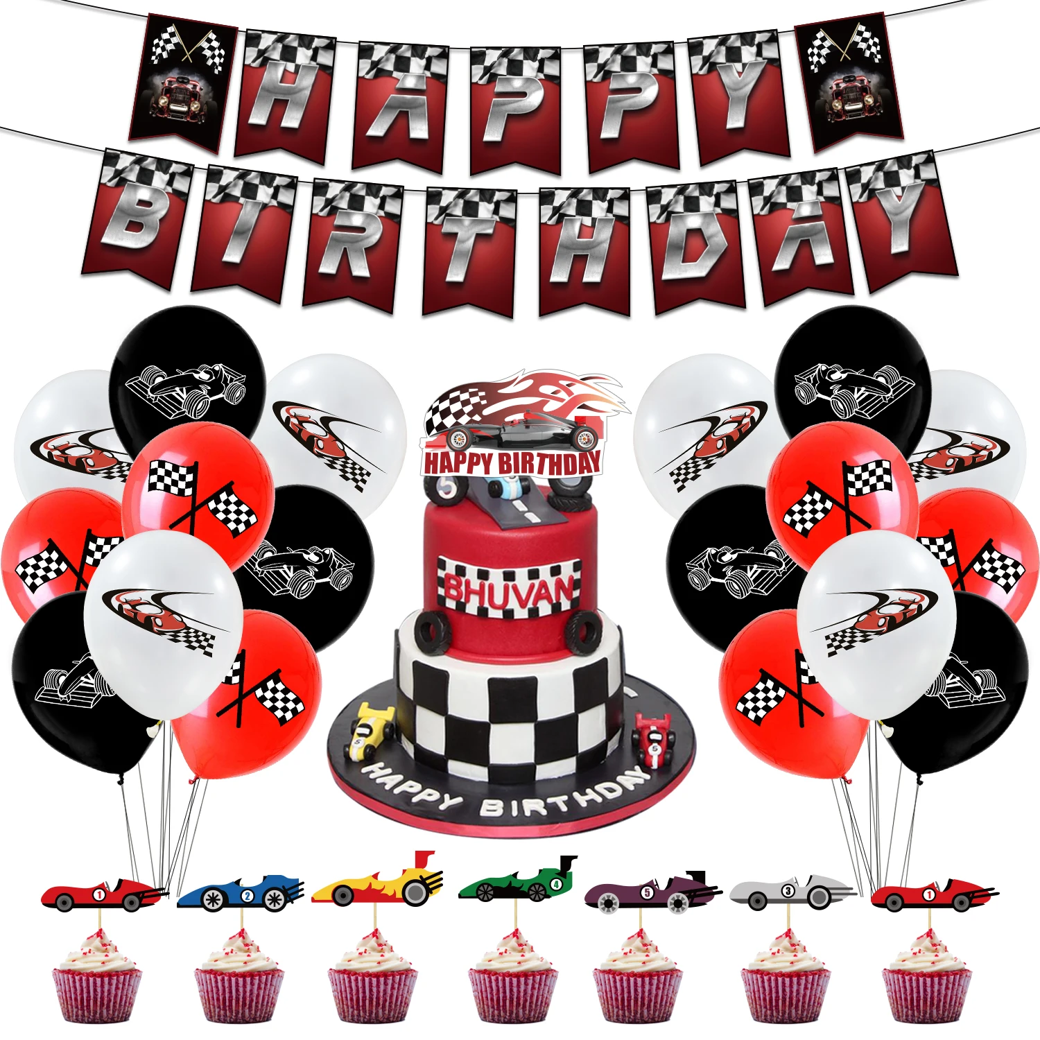 

Racing Theme Party Decoration Set Banner Streamer Car Printing Latex Balloon Racing Cake Toppers Kids Birthday Party Decor Suits