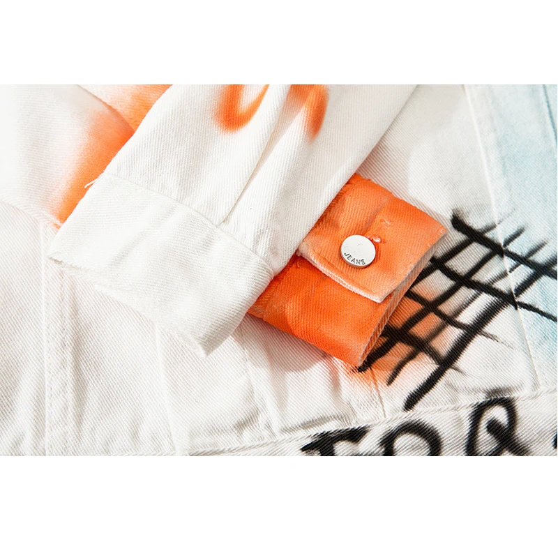 

ELKMU Hip Hop Streetwear Graffiti Denim Jackets Men Harajuku White Jeans Jacket Coat Fashion Spray Paint Jacket Male Tops HE218