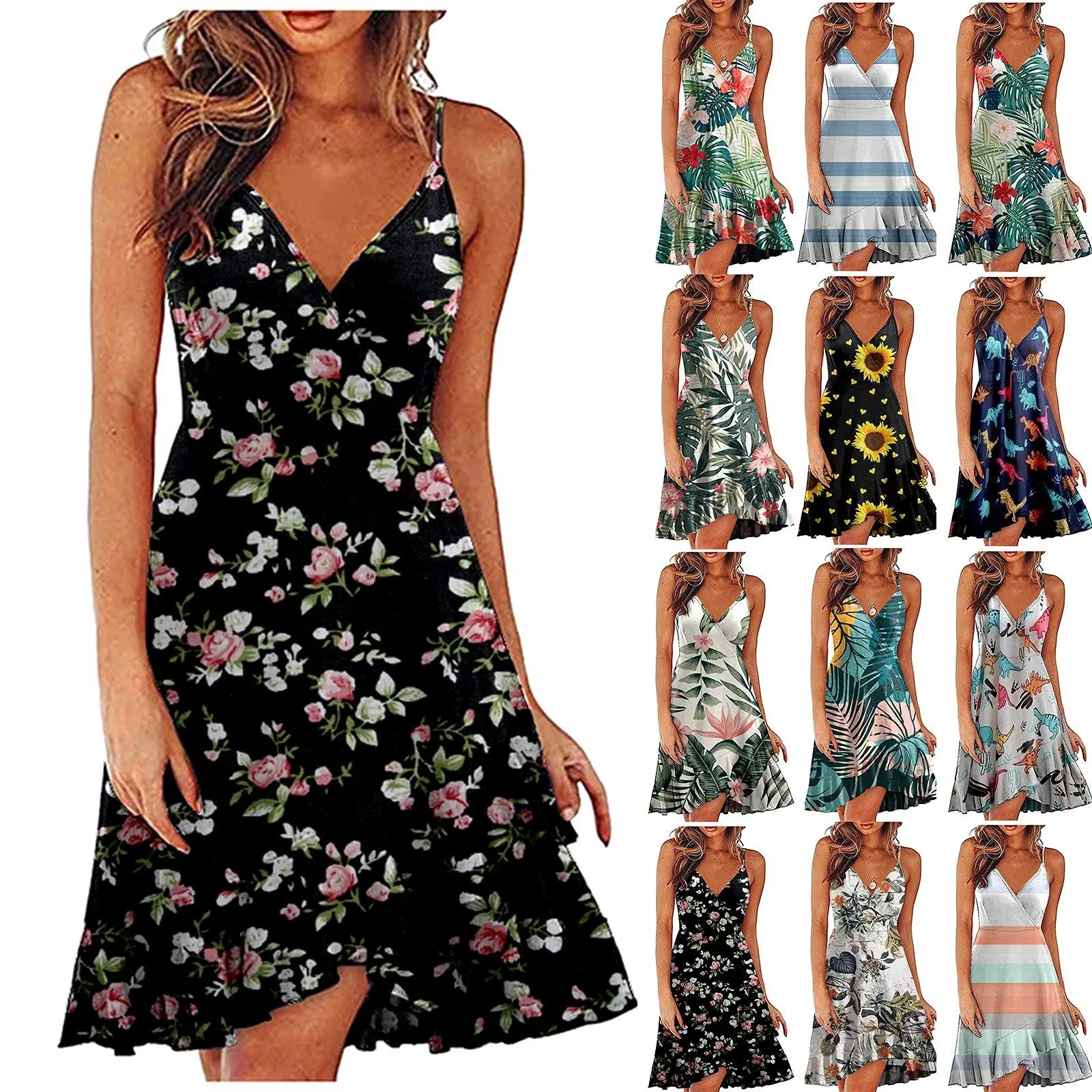 

Ladies Summer V-neck Dress Fashion Printed Vest Sling Sexy Spaghetti Strap Sleeveless Casual Beach Midi Dress Платье Женщины