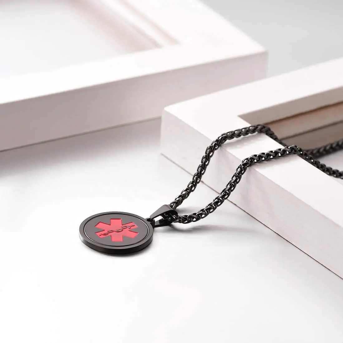 U7 Personalized Message Engraved EMC Tag with Medical Card Medal Medical Alert ID Tag Round Medal Necklace