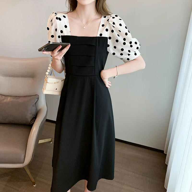 

Summer Black Pachwork Polka Dot Lace Midi Dress Women Korean Vintage Hepburn Robe 2023 Elegant Bodycon Office Lady Party Dresses