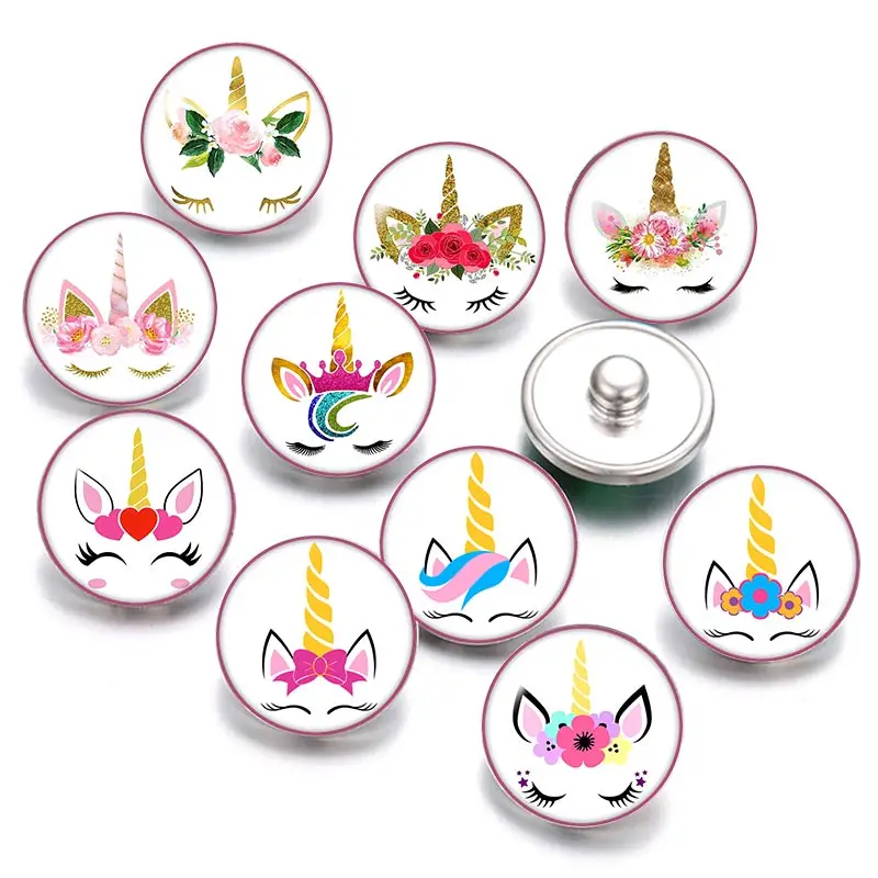 

Unicorn beauty 18mm snap buttons 10pcs mixed round photo glass cabochon style for snap button jewelry