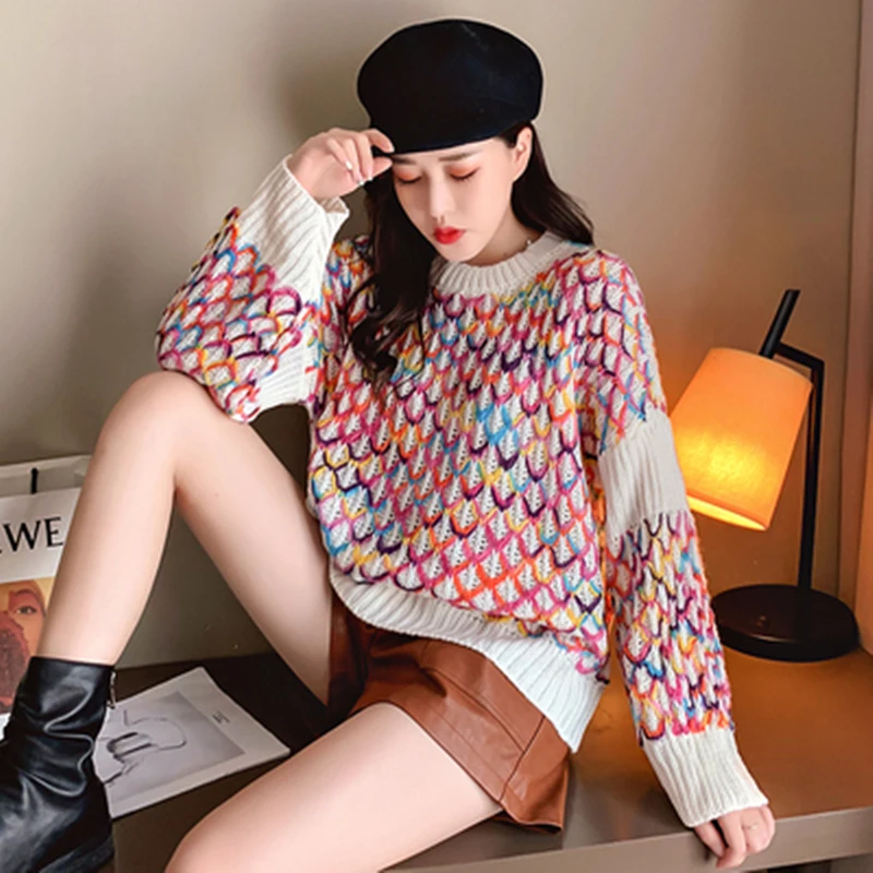 Женский укороченный Свитер оверсайз Свободный пуловер в клетку с круглым