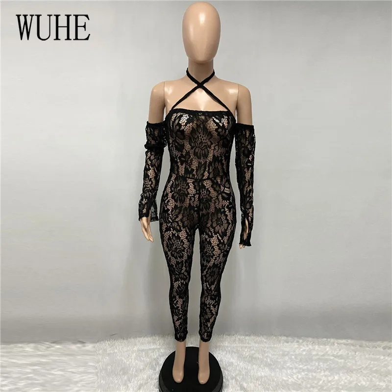 

WUHE Lace Sexy Jumpsuits Patchwork See Through Long Sleeve Halter Off Shoulder Backless Party Nightclub High Street Overalls