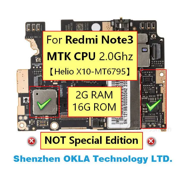 1 шт. для Xiaomi Redmi Note3 Note 3 MTK 2 0 ГГц ЦП Гб ОЗУ 16 ПЗУ Материнская плата логическая |