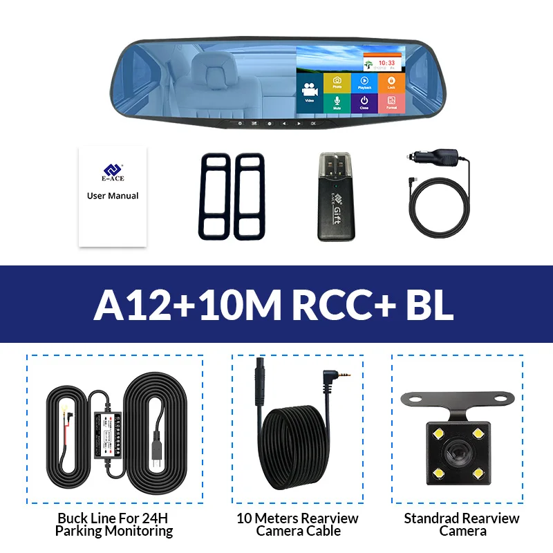 A12-10M RCC-BL E-ACE видеорегистратор для автомобиля, видеорегистратор 4,3 дюймов, сенсорный FHD 1080 P, зеркало заднего вида, видеорегистратор с двумя объективами, автоматический Регистратор с камерой заднего вида - Название цвета: A12-10M RCC-BL
