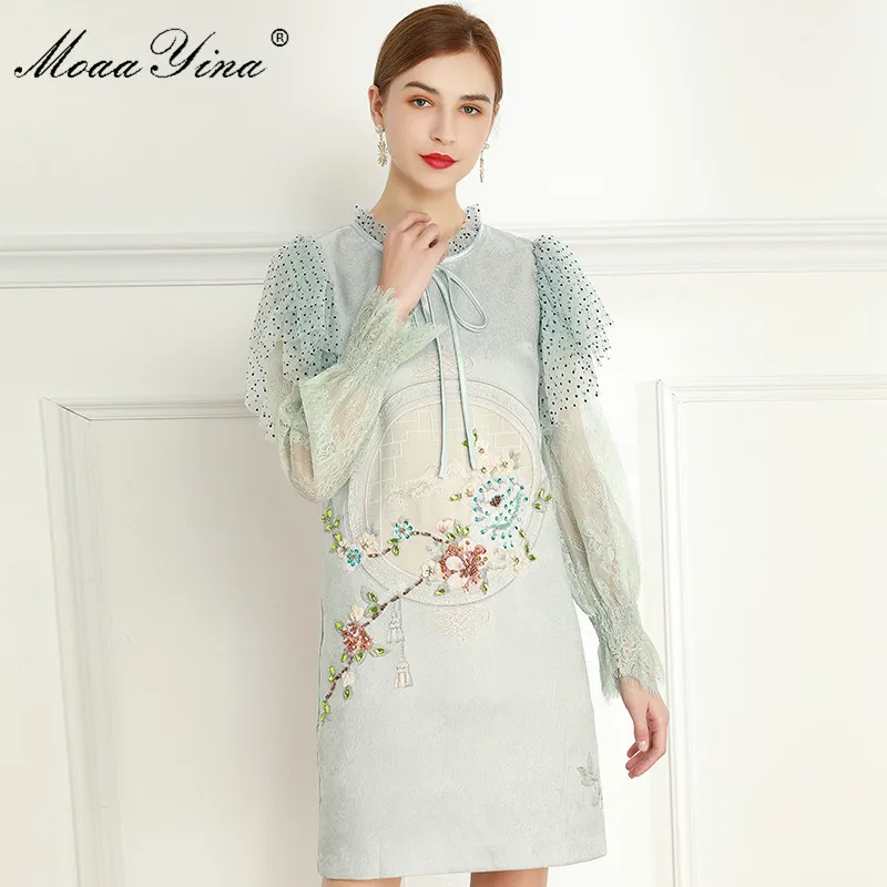 

MoaaYina Fashion Designer dress Summer Women's Dress Ruffles Lace Long sleeve Flowers Beaded Vintage Dresses