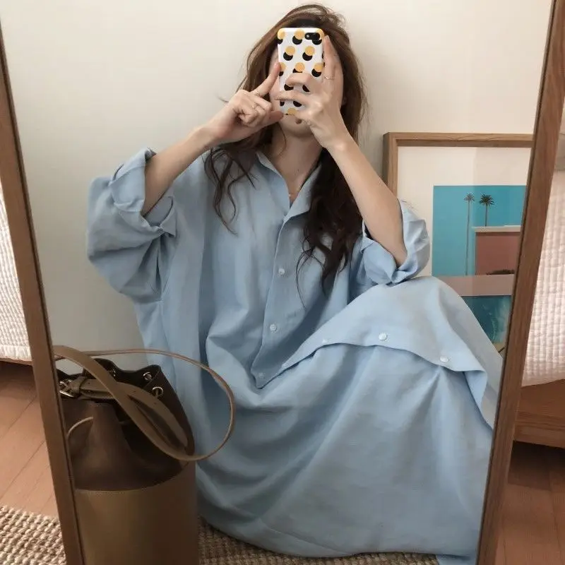 

QWEEK Korean Women's Sleep Shirt Autumn Nightdress Ladies Long Nightgown Blouse Sleepwear Plus Size Nightie Full Brief Nightwear