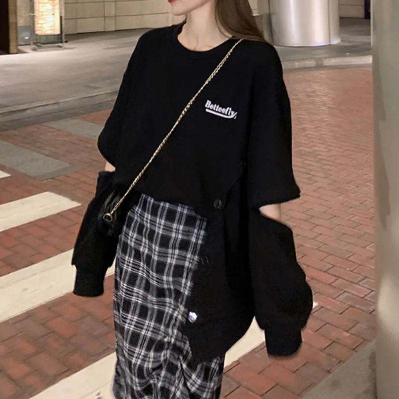 2020 Autumn Casual Oversized Hollow Out Long Sleeve Thin Sweatshirt Women O Neck Side Split Button Up Hoodie Street Fashion Top | Женская