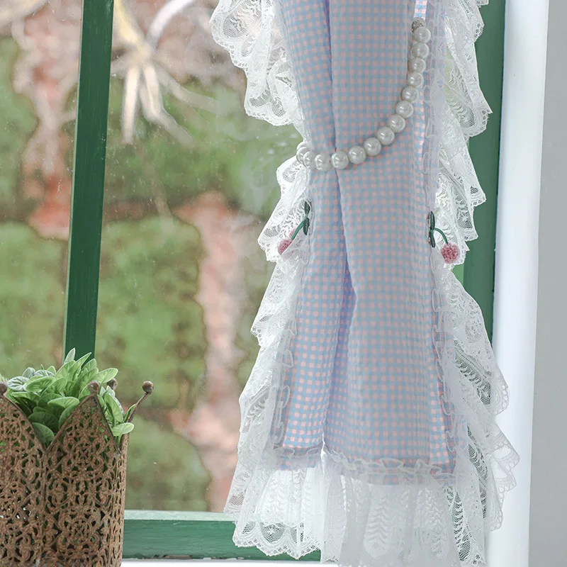 

Mediterranean small fresh lattice lace non perforated curtain bedroom bay window small window Velcro cloth curtain
