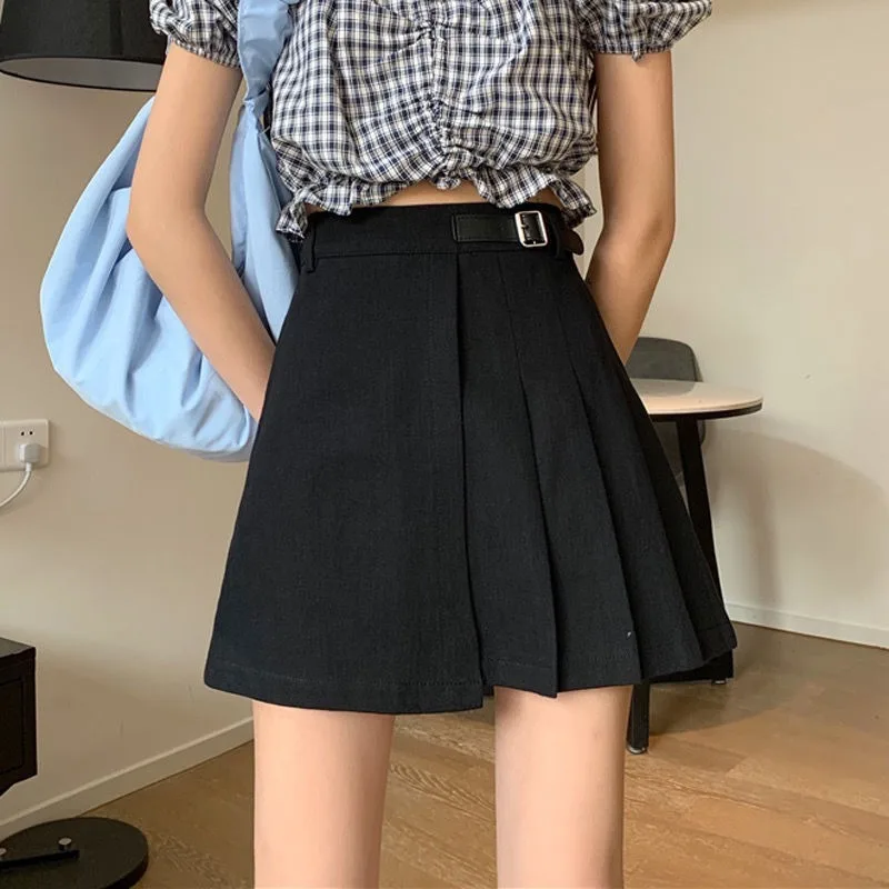

Pleated Skirts Womens Korean Style Trendy College Students Chic Harajuku Ulzzang Cute Casual Female Bottom Belt Mini Skirt