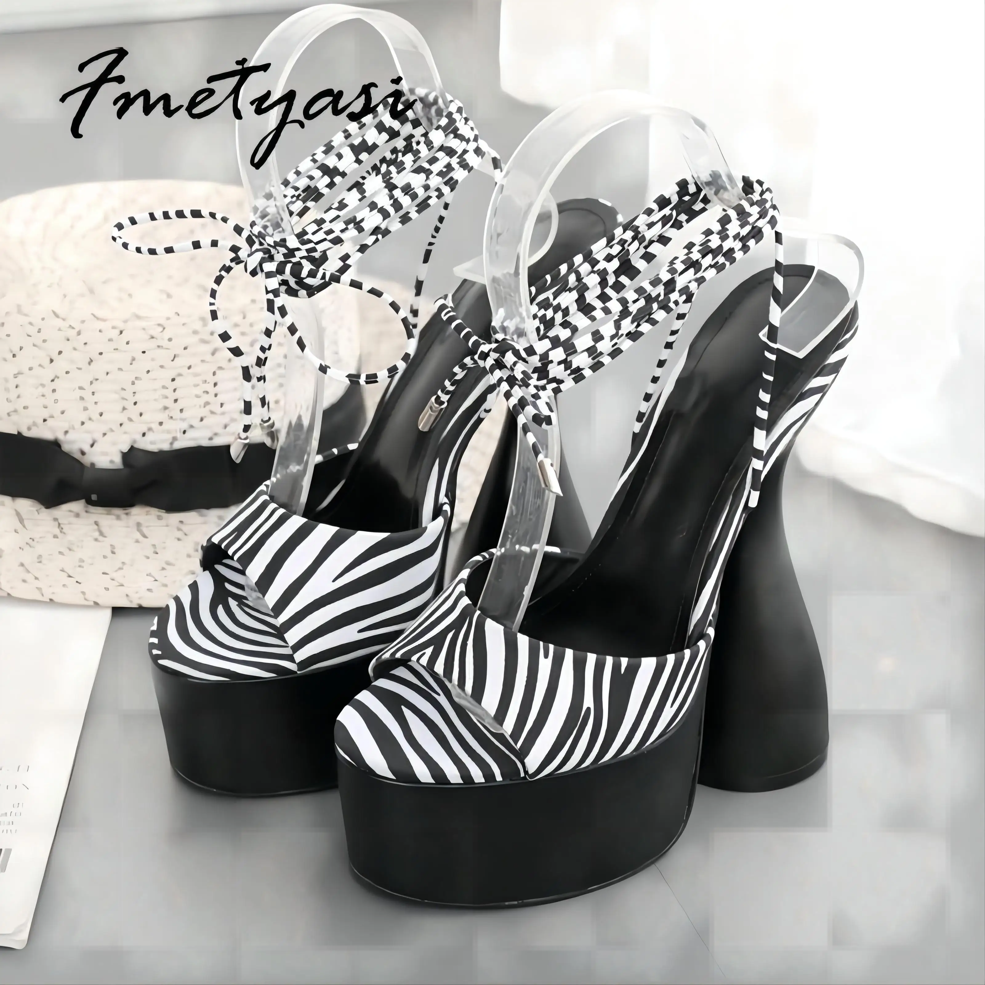 35-42 Newest Women High Heel Platform Strange Style Black White Cross Strap Gladiator Winding Sandal Party Dress Wedding Shoes