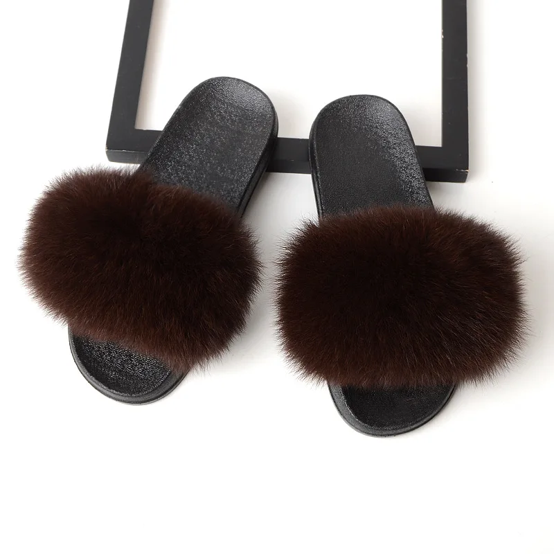 Fox Hair Dark Brown Hot Women Furry Slippers Ladies Cute Plush Natural Fox Hair Slippers Real Fur Slippers Summer Indoor Outdoor Slippers for Women - Цвет: Fox Hair Dark Brown