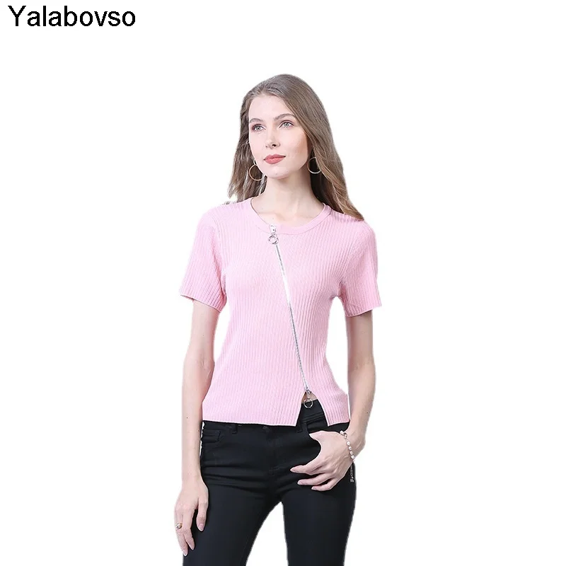 

Large Short Sleeve T-shirt Women's Fashion Design Irregular Zipper Slim Short T-shirt Summer O Neck Thin Knitted Tops