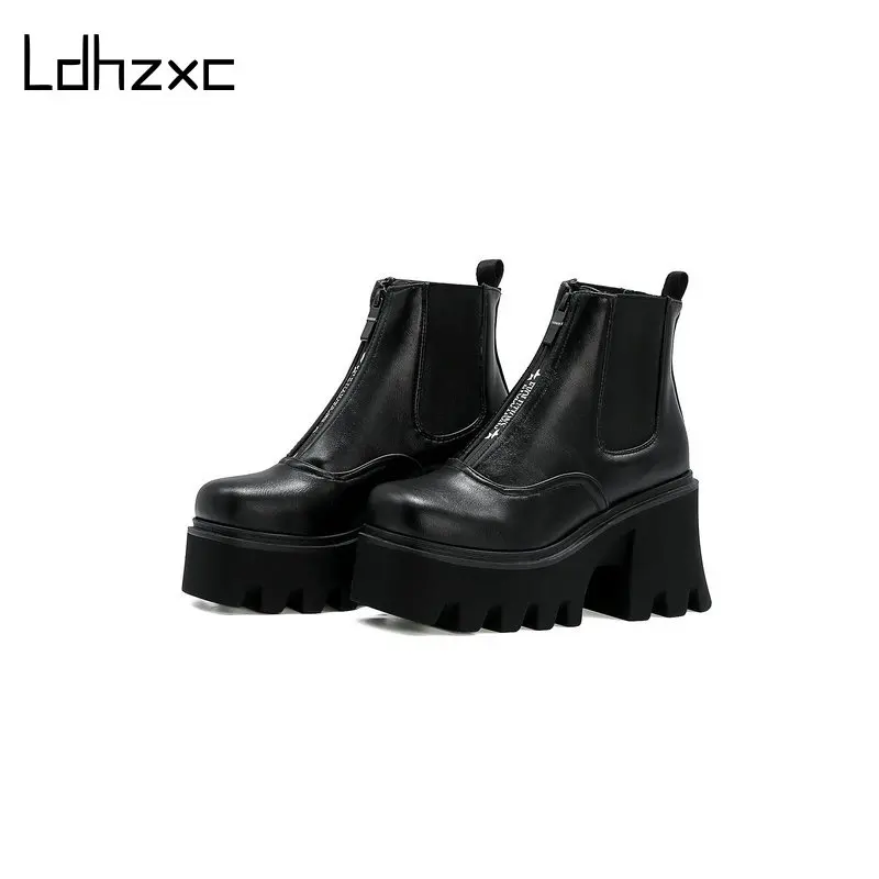 

LDHZXC Women Ankle Boots Round Toe Thick High Heel Platform Shoes Soft Pu Leather Punk Female Motorcycle Boots Size 34-44