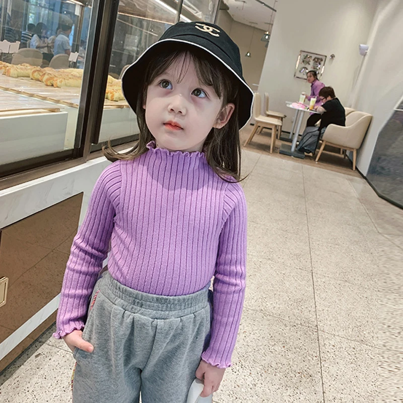 

Kid Girls Turtleneck Ruched Sweater High Elastic Solid Tops Pullovers Fall Winter Children Long Sleeve Knitted Jumper Pink White