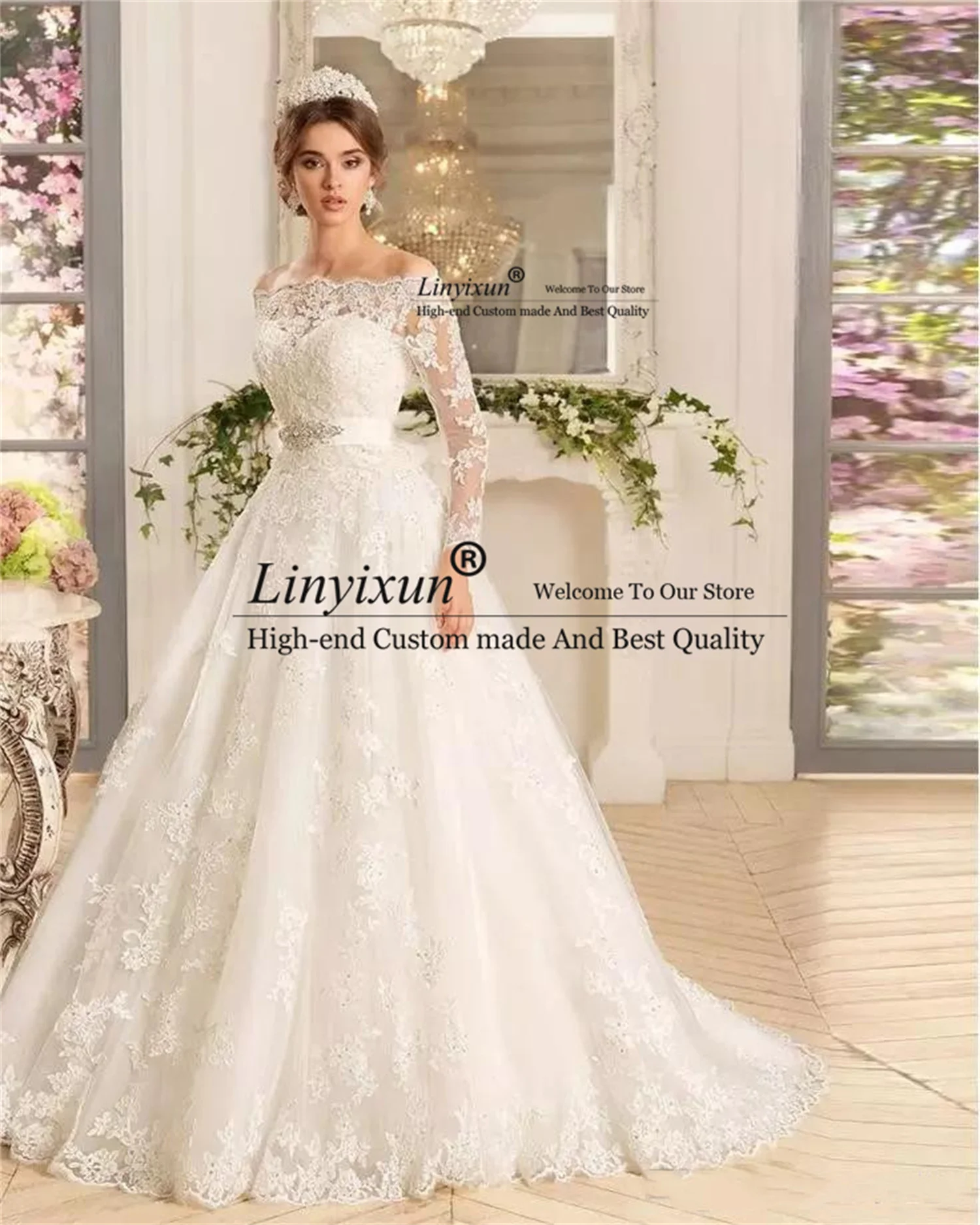 

Elegant Long Sleeves A Line Wedding Dresses 2022 Lace Appliques Bridal Gowns With Beads Sash Sweep Train Tulle Vestidos de noiva