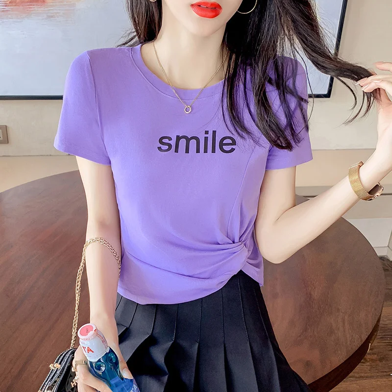 

Women's design of short top 2021 new women's summer wear Korean fashion letter print knot short sleeve T-shirt