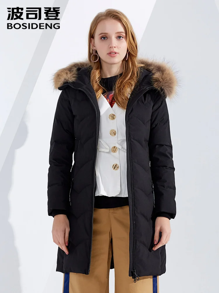Женский пуховик средней длины BOSIDENG простой модный с капюшоном и воротником из