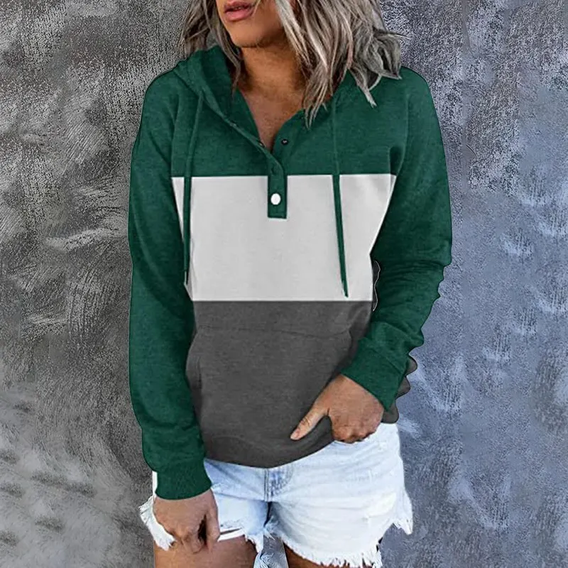 

Pocket Sweatshirts Drawstring Hoodies Women Casual Button Long Sleeve Streetwear Hoodie Autumn New Style Loose Stripe Print Tops