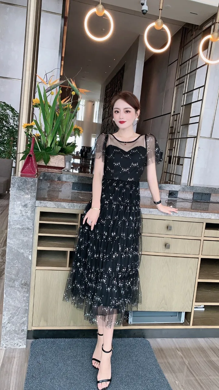 

Mesh set Sequin pleated waist 2021 dress summer short sleeve women's skirt women's new fashion temperament