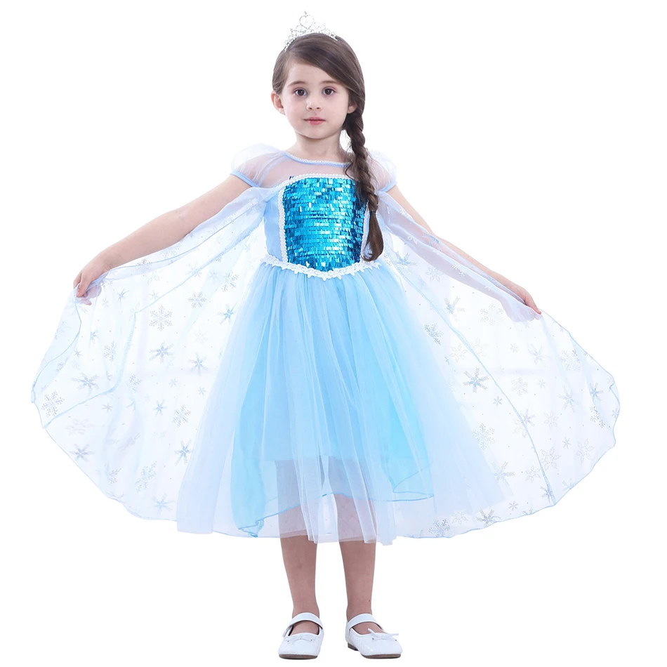 

Baby Halloween Christmas Cosplay Elsa Princess Costume Dress For Girls Kids Clothes Blue Snowflake Cloak Dresses Bubble Skirt