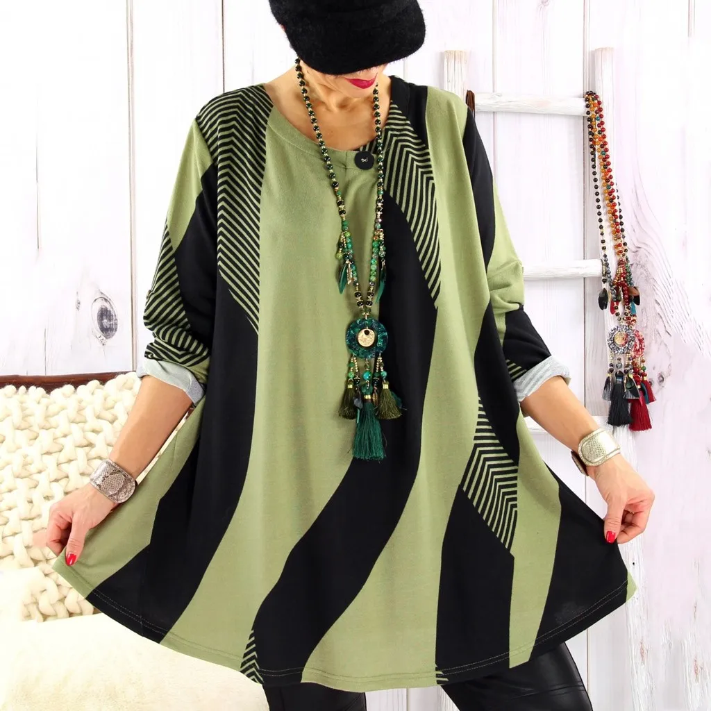 5XL Мода плюс размер полосатая блузка Повседневная зимняя Дамская свободная