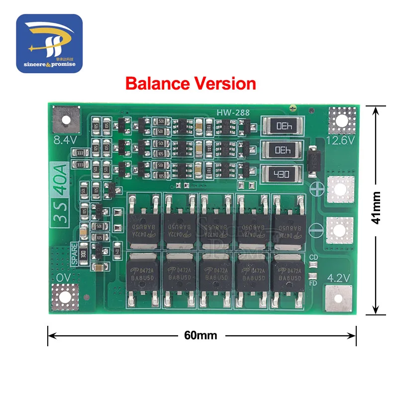 3S 40A 60A литий-ионная литиевая батарея 18650 зарядное устройство PCB плата защиты BMS с балансом для электродвигателя 11,1 В 12,6 в Lipo ячейка