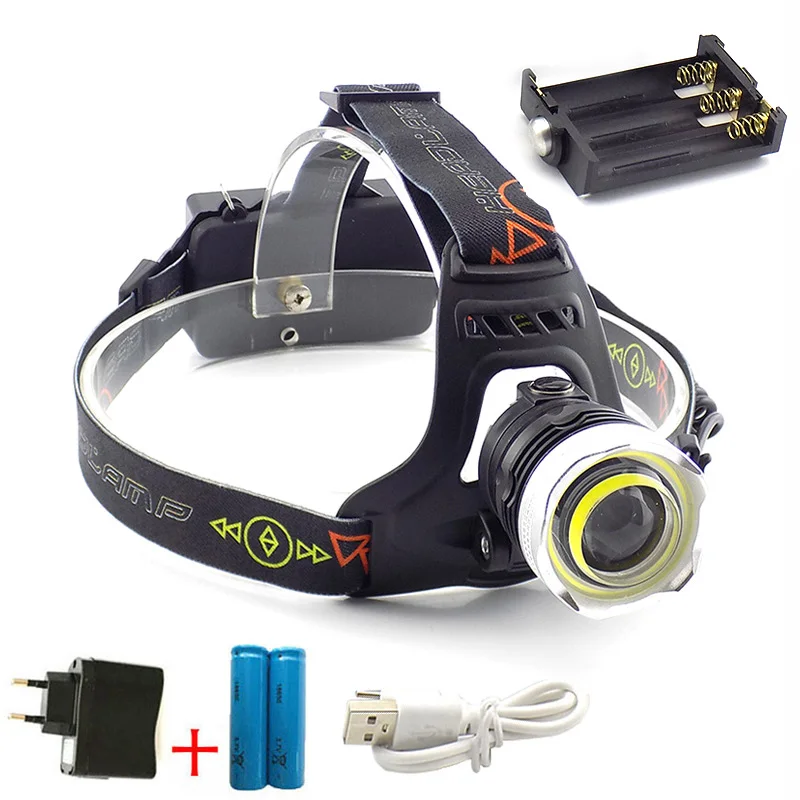

2 Led Cob T6 headlamp flashlight frontale led head torch lamp headlight AA 18650 battery USB Rechargeable for Camping FishingR1