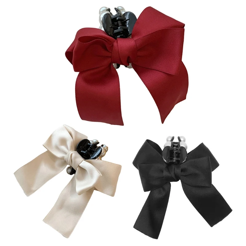 

Large Pearl Hair Clip Non Slip Ribbon Bow Claw Barrettes Ponytail Hair Props DXAA