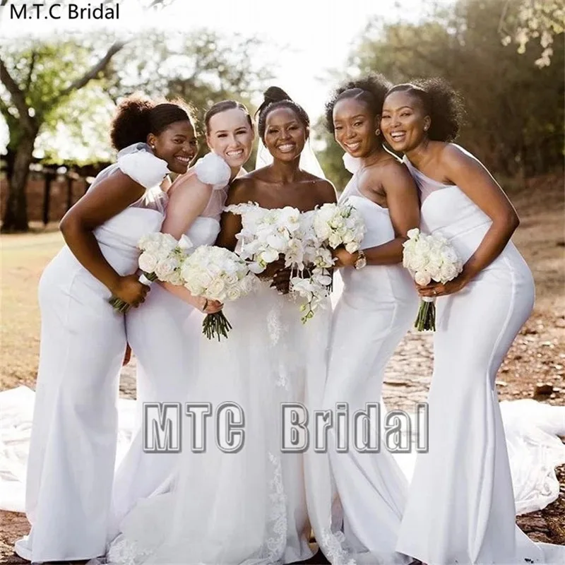 

Оптовая продажа, белые длинные платья подружки невесты на одно плечо, юбка-годе, дешевые платья для торжественных случаев и вечерние