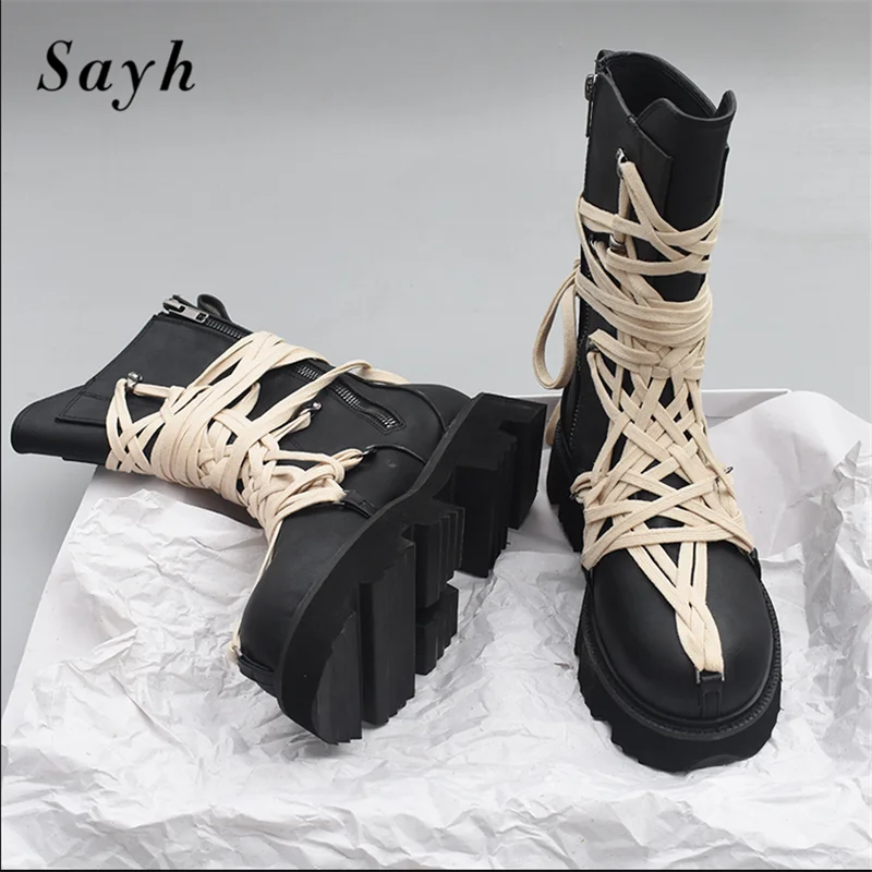 

Fashion Women Boots Black Leather Lace Up Platform Chunky Heel Bandage Mid Calf Boots Luxury Brand Design Zipper Winter Boots