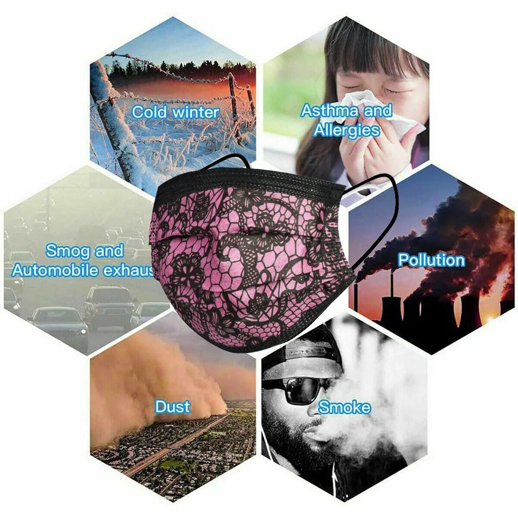 

50ps Unisex Breathable Cotton Adult Fashion Lace Disposable Protection Three Layer Breathable Face Anti-PM2.5 Adult New Hot