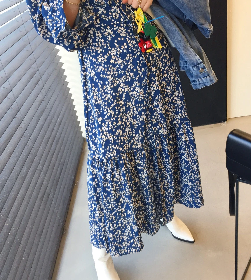 

ZCSMLL Korean vintage slimming V-neck pleated back waist vestido single-breasted floral puff sleeve dress women 2021 summer tide